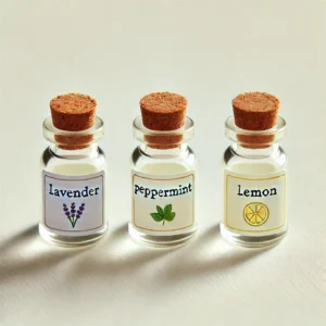 DALL·E 2025 02 11 21.14.35 Three small cute glass bottles of essential oils labeled Lavender Peppermint and Lemon. Each bottle has a cork or dropper cap and is neatly a