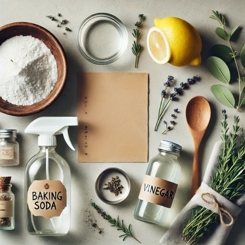 DALL·E 2025 02 12 21.25.04 A visually appealing flat lay photograph showing ingredients and tools for making natural cleaning products. The image includes a glass spray bottle w e1739424583630
