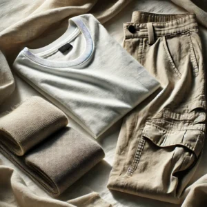 DALL·E 2025 02 12 22.33.22 A high quality photographic image displaying three types of clothing items laid flat on a clean surface a basic cotton t shirt heavy duty hemp pants