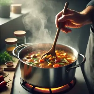 DALL·E 2025 02 14 16.51.39 A high quality photo realistic image of a person stirring a delicious soup in a stainless steel pot on a stovetop. The soup should be rich and colorf