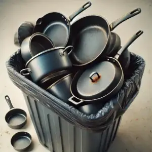 DALL·E 2025 02 14 18.20.33 A high quality photo realistic image of discarded Teflon pots and pans in a garbage bin. The cookware should show visible scratches peeling non stic