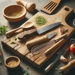 DALL·E 2025 02 17 22.28.51 A wooden cutting board with various kitchen utensils scattered on top in a messy fashion. The utensils include a chefs knife a wooden spoon a whisk