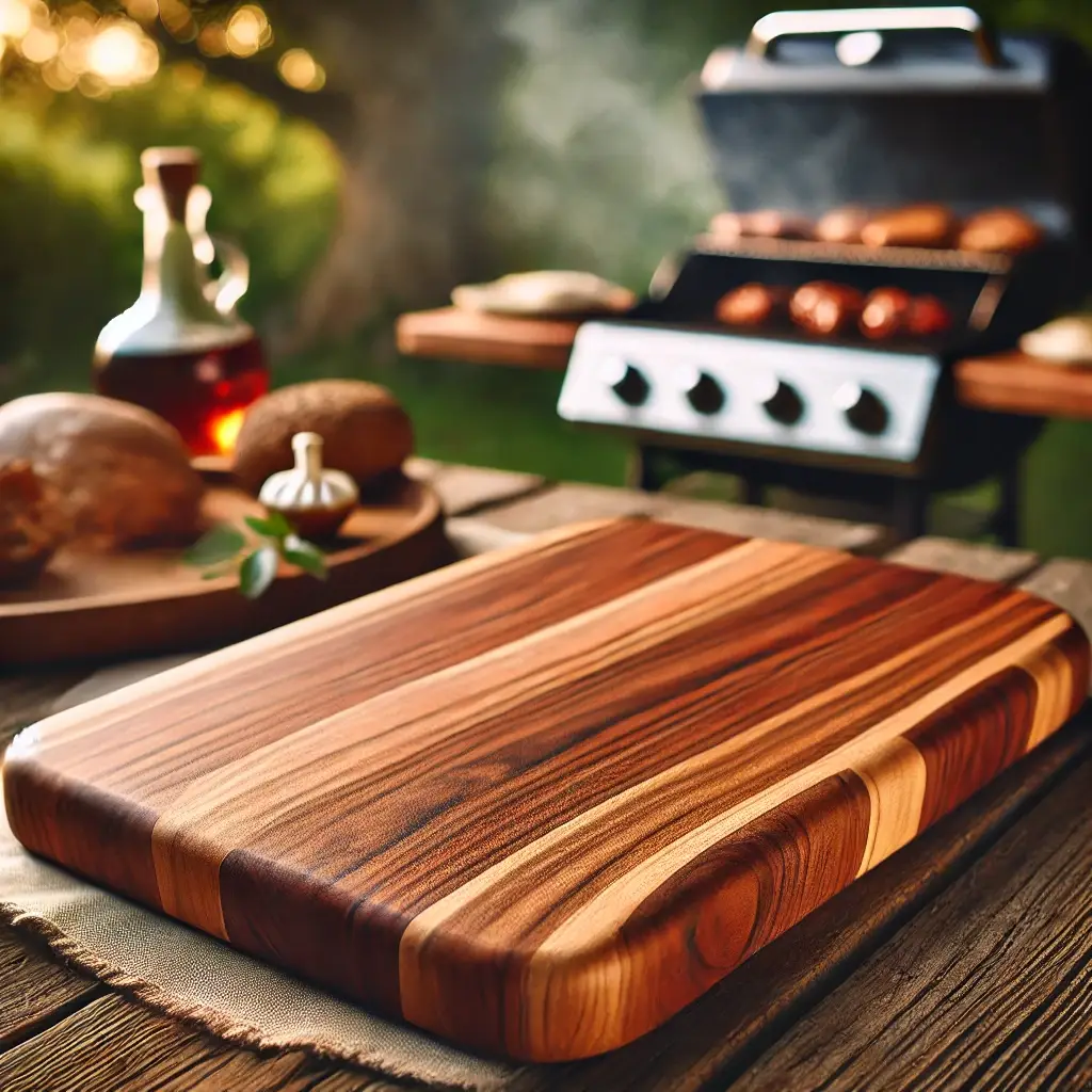 Cutting Boards & Kitchen Utensils: Unbeatable Choices DALL·E 2025 02 17 22.44.43 A high quality well crafted wooden cutting board with a rich wood grain smooth polished edges and a sturdy build placed outdoors next to a grill.