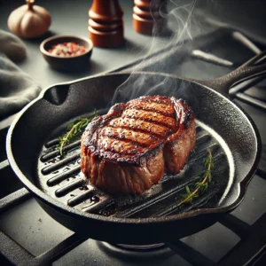 dalle 2025 02 14 16 48 40 a high quality photo realistic image of a steak searing on a cast iron pan the steak should have a rich brown crust with visible grill marks and siz