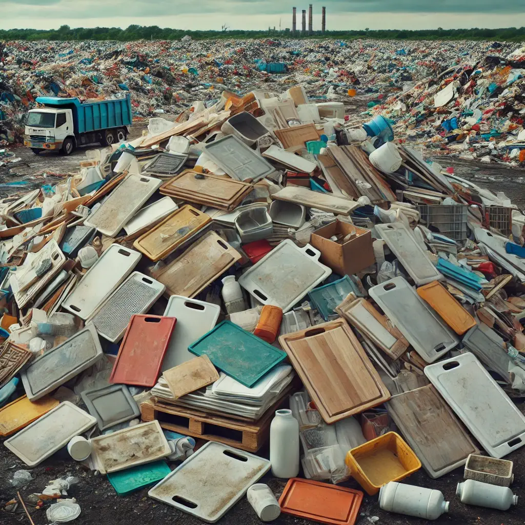 Cutting Boards & Kitchen Utensils: Unbeatable Choices dalle 2025 02 17 22 48 00 a large pile of discarded plastic cutting boards in a landfill the boards are in various sizes and colors some stained and worn out surrounding the