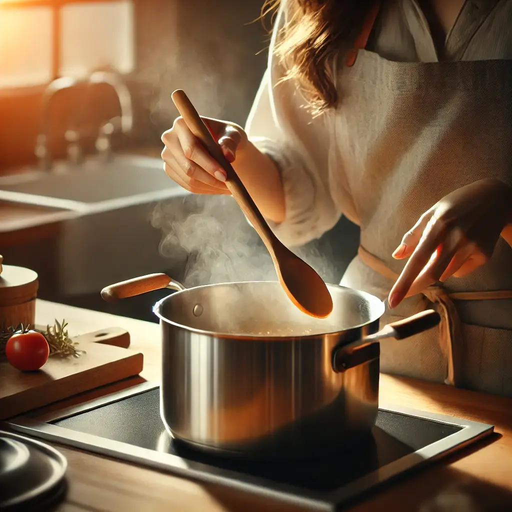 Cutting Boards & Kitchen Utensils: Unbeatable Choices dalle 2025 02 17 22 50 06 a realistic image of a woman using a wooden spoon to stir food in a stainless steel pot the scene is set in a modern kitchen with natural lighting t