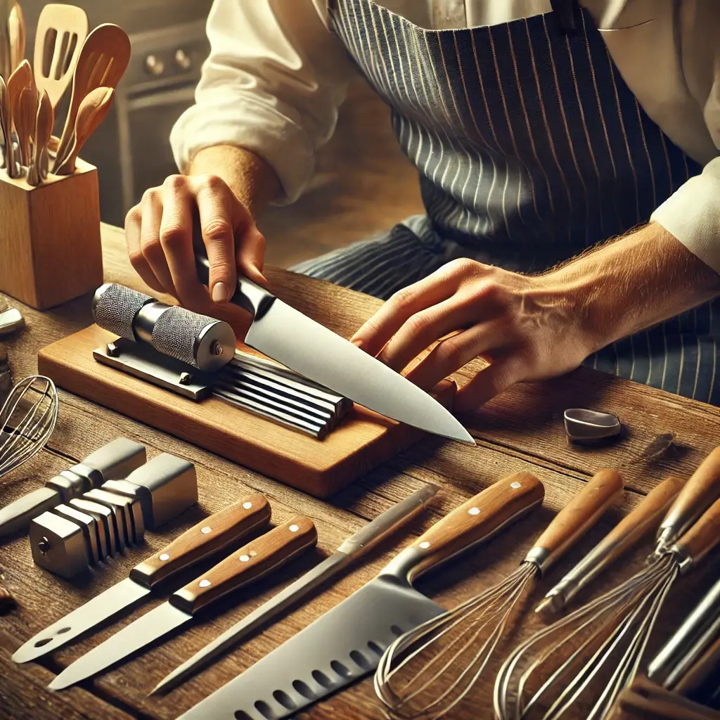 Cutting Boards & Kitchen Utensils: Unbeatable Choices dalle 2025 02 17 23 03 07 a highly realistic image of a chef carefully maintaining his kitchen tools the chef wearing a clean apron is seen sharpening a stainless steel knif
