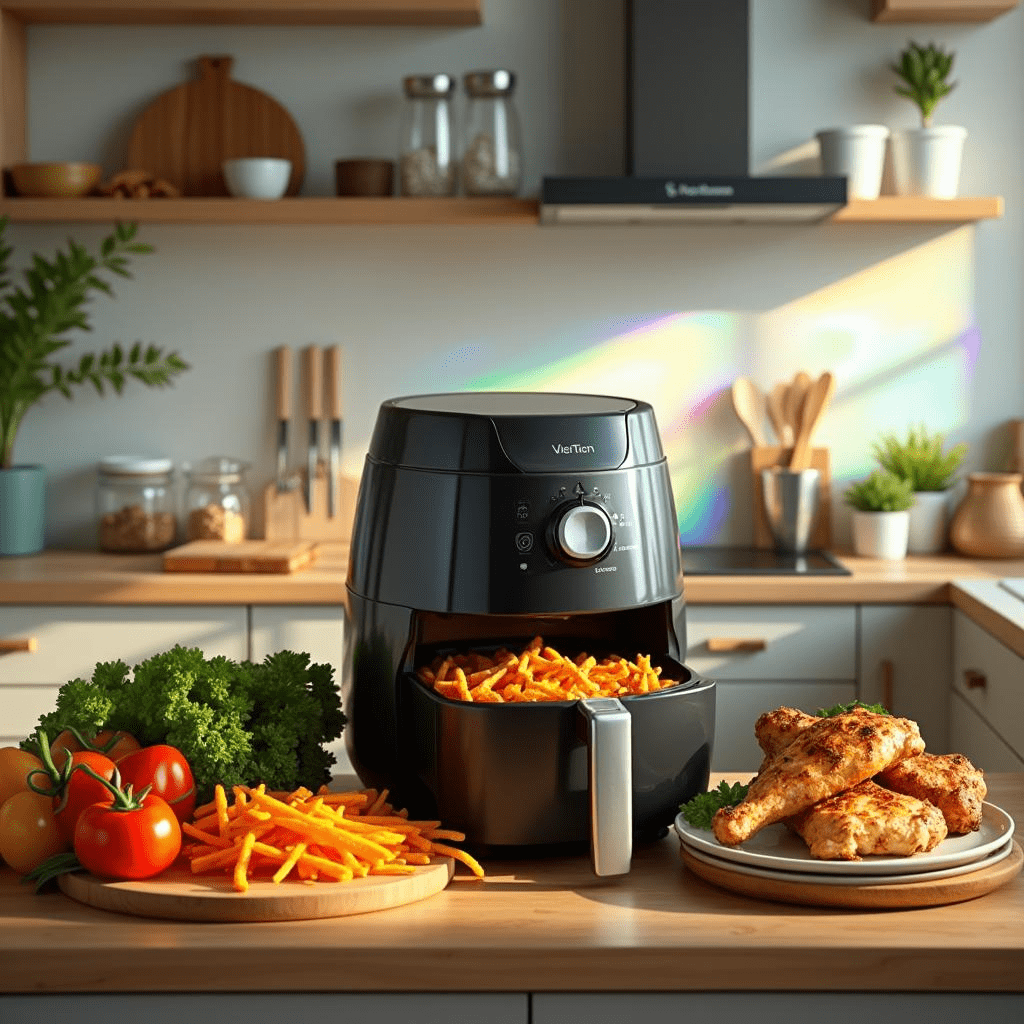 he air fryer has a ceramic or stainless steel interior, free from harmful coatings like Teflon
