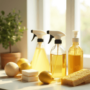 ingredients like lemon, baking soda, and vinegar, emphasizing non-toxic, DIY-friendly options