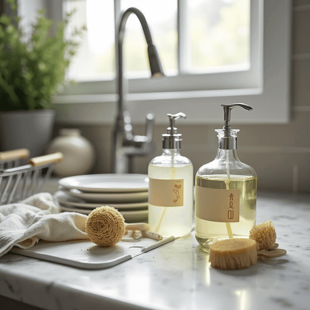 The dish soap bottles have minimalist, natural labels emphasizing non-toxic and plant-based ingredients