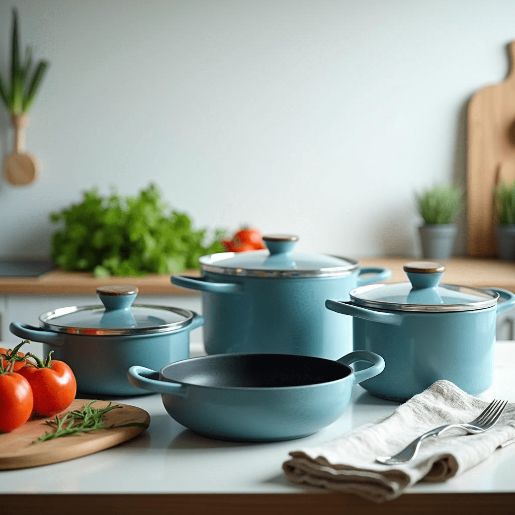 The cookware has a modern, sleek design with a non-toxic ceramic coating. Soft natural lighting highlights the eco-friendly, non-stick surfaces.