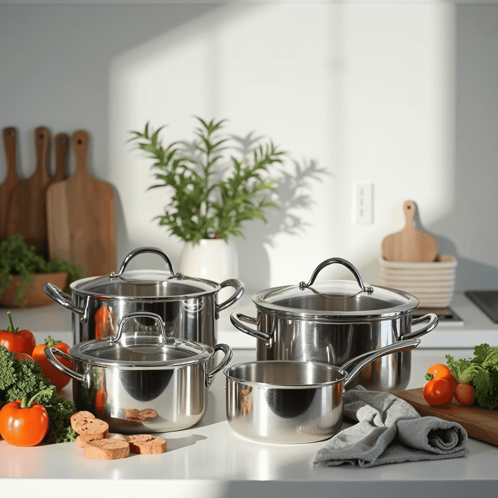 cookware has a polished, reflective finish, showcasing its durability and high-end design. Soft natural lighting enhances the elegance, with fresh ingredients like vibrant vegetables and herbs placed around to create a warm, inviting atmosphere