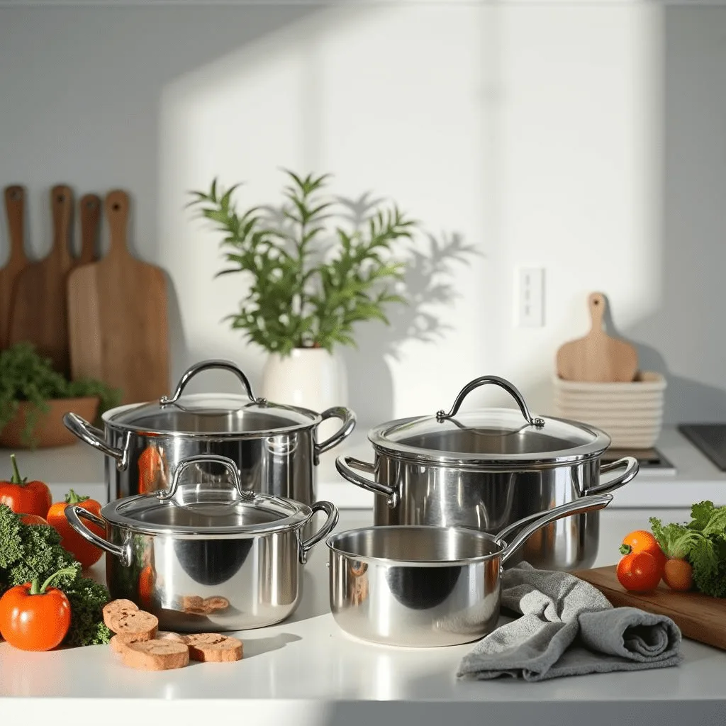 Top 5 Stainless Steel Cookware Non-Toxic Kitchen (2025) cookware has a polished, reflective finish, showcasing its durability and high-end design. Soft natural lighting enhances the elegance, with fresh ingredients like vibrant vegetables and herbs placed around to create a warm, inviting atmosphere