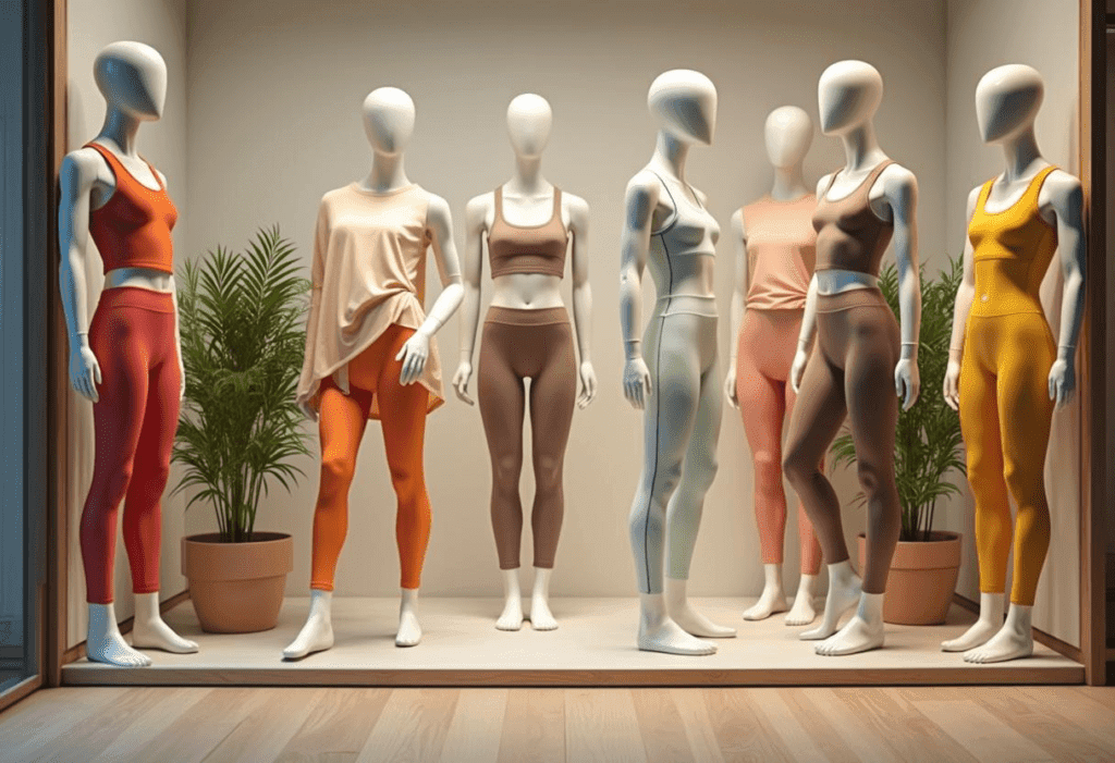 "Mannequins wearing sustainable leggings in various colors and styles, posed in yoga and stretching positions, set against a minimalist background with eco-friendly decor elements."