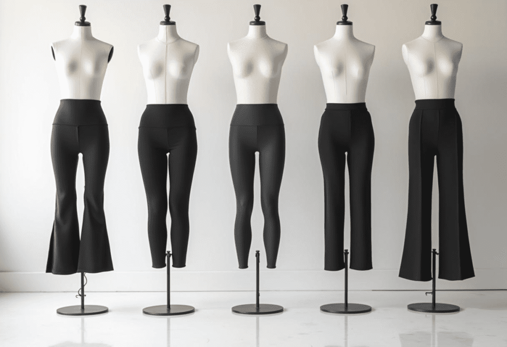 Comparison chart of different sustainable yoga pants styles, including high-waisted leggings, bootcut yoga pants, flared lounge pants, wide-leg relaxed fit, and compression fit. Each style is labeled with its best use, such as workouts, lounging, or everyday wear."