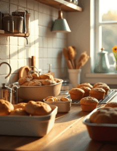 A beautifully lit kitchen showcasing non-toxic bakeware, including stainless steel, ceramic, glass, and cast iron pans, with freshly baked goods on a wooden countertop.