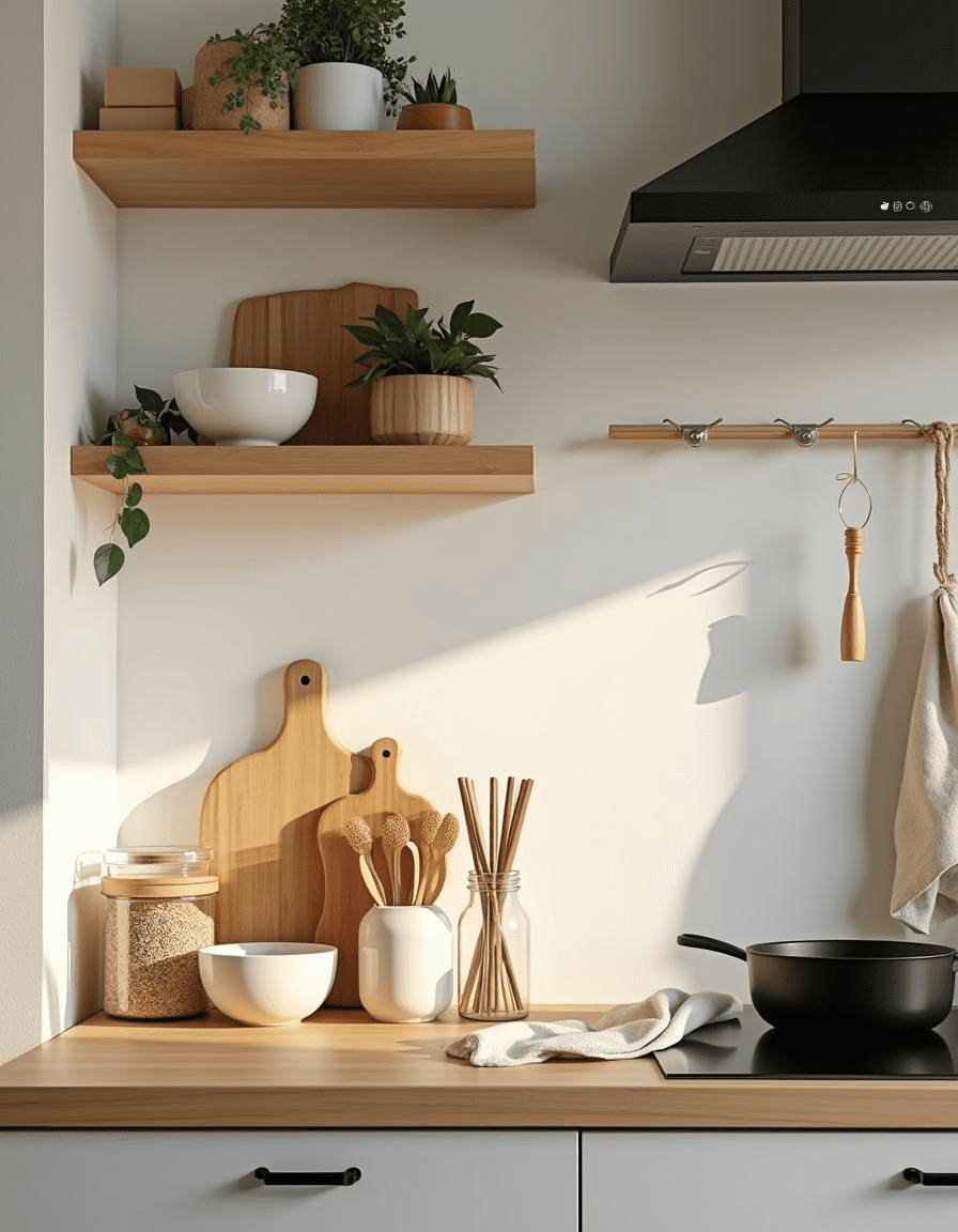 image of a modern, eco-friendly kitchen with sustainable kitchenware neatly arranged. The kitchen has a warm, minimalist aesthetic with natural wood tones, soft lighting, and green plants.