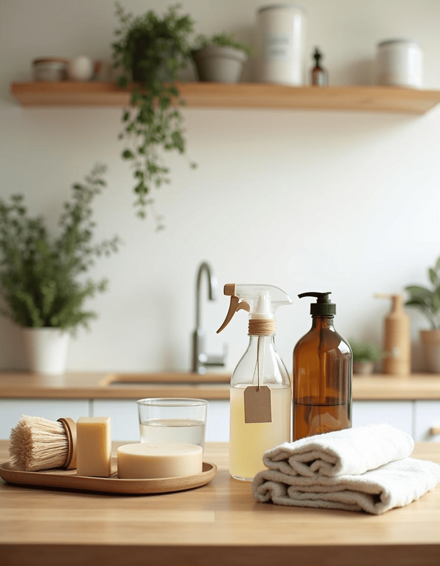 bright, clean, and eco-friendly home cleaning setup featuring non-toxic, sustainable cleaning products. The scene is set on a natural wooden countertop with the following eco-friendly essentials neatly arranged:
