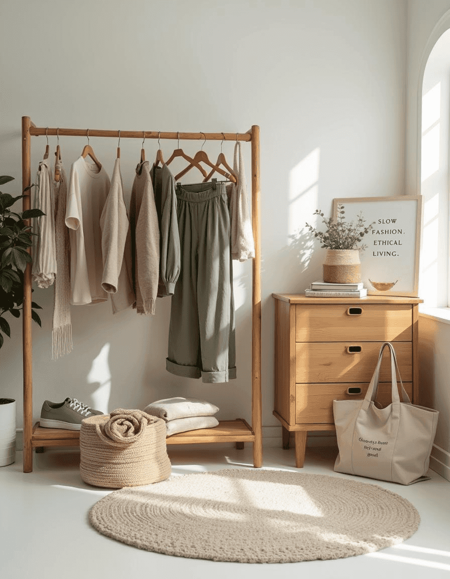 minimalist, eco-conscious wardrobe showcasing ethical and sustainable fashion. The scene features a beautifully arranged clothing rack made of natural wood, holding a selection of organic cotton, linen, and hemp garments in neutral and earthy tones. The clothing includes: