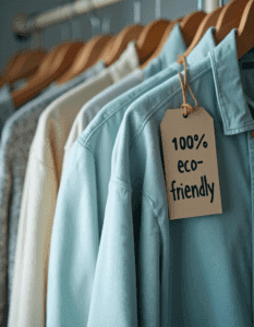 A stylish clothing rack with neutral-toned, "sustainable" clothing tags, but with one misleading tag saying "100% eco-friendly" in bold marketing text. The image should subtly highlight deception in greenwashing while maintaining a clean, aesthetic appeal.