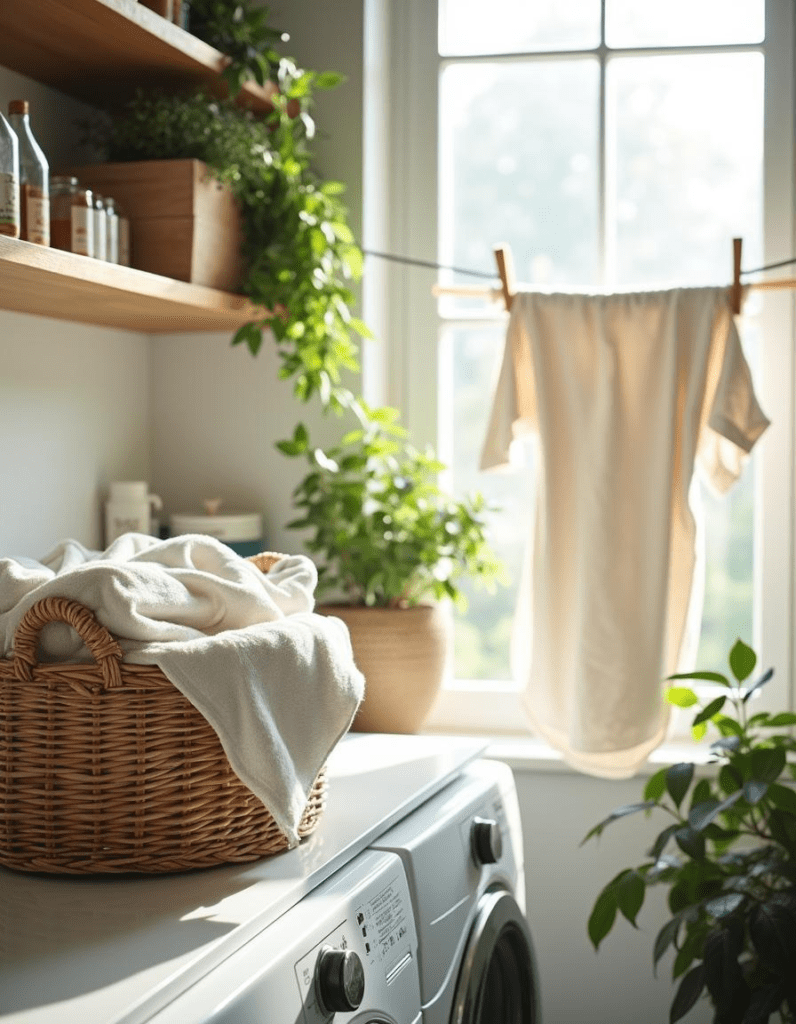 laundry room with laundry detergents A beautifully lit, modern laundry room designed with sustainability in mind. On a rustic wooden shelf, eco-friendly laundry detergents in biodegradable packaging, detergent sheets, and refillable glass bottles are neatly arranged. A wicker basket filled with freshly washed, neatly folded organic cotton towels sits on a countertop. In the background, a clothesline with gently swaying garments made from natural fabrics is placed near a large window, allowing soft natural light to stream in. Lush green houseplants add a fresh and eco-friendly touch, reinforcing the theme of sustainability. The overall atmosphere is clean, serene, and inviting, highlighting a zero-waste, environmentally conscious lifestyle