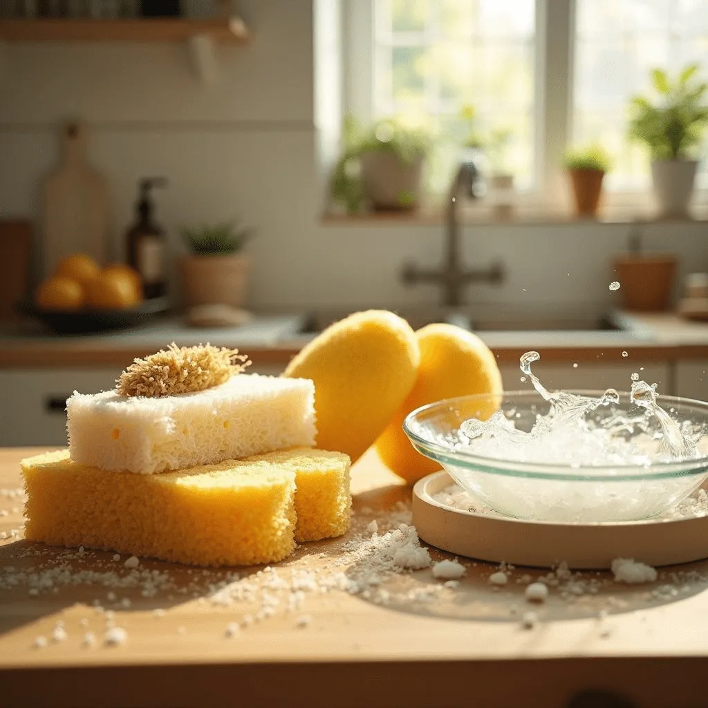 sponges are made from sustainable materials like loofah, cellulose, and coconut fiber, each displaying a unique texture. One sponge is shown in action, creating a rich lather while cleaning a glass plate with eco-friendly dish soap