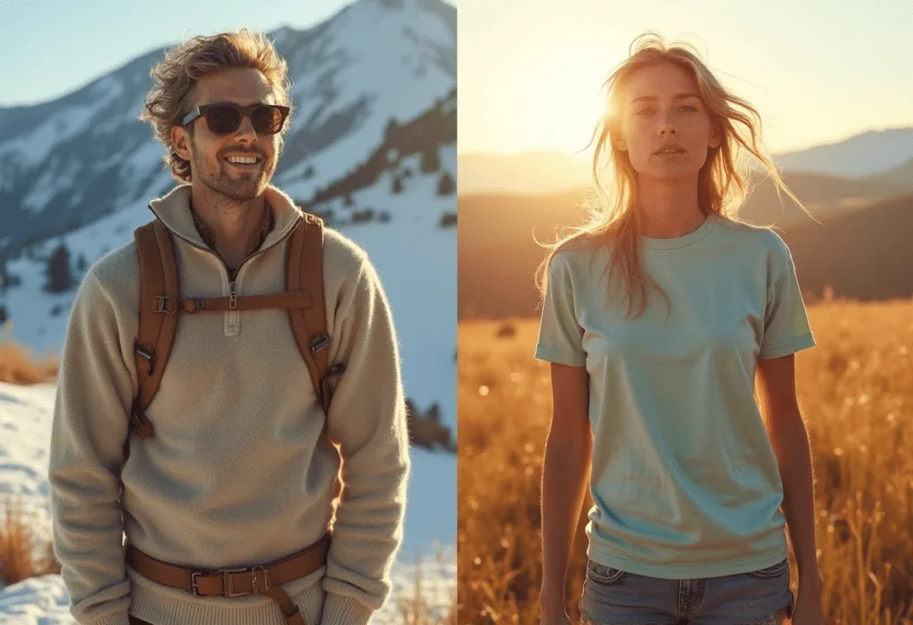 person in a Merino wool T-shirt in a sunlit meadow