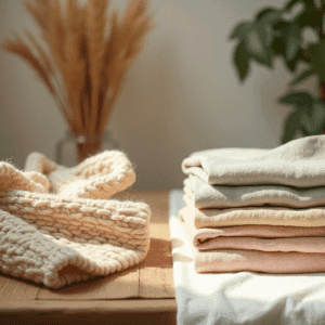 On the left, a soft, high-quality Merino wool sweater is draped over a rustic wooden table, with a close-up of its fine texture and natural fibers. On the right, a neatly folded stack of breathable organic cotton T-shirts in soft pastel colors rests on a clean linen surface, with natural sunlight casting gentle shadows