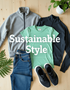 modern flat lay image featuring sustainable clothing on an eco-friendly background for a blog post about Amazon’s Climate Pledge Friendly products. Arrange four distinct clothing items neatly on a light wooden surface, such as a reclaimed wood table, with a subtle natural texture
