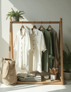 climate pledge friendly A visually appealing and modern flat-lay composition featuring sustainable men’s shirts made from organic cotton, recycled fabrics, and eco-friendly materials.