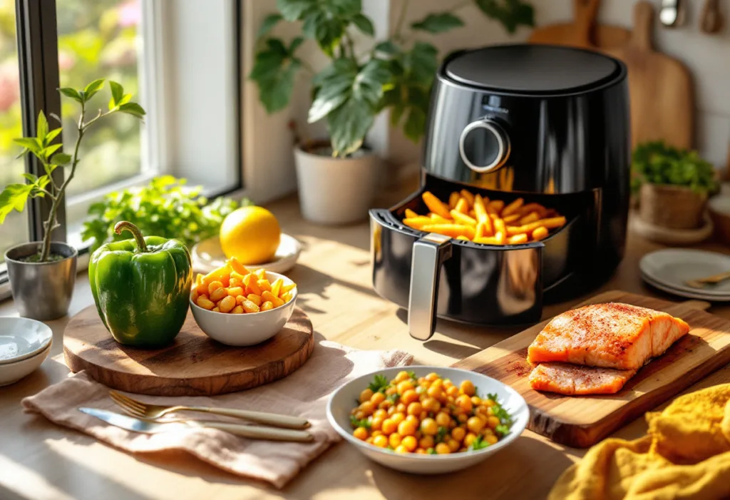 “Best eco-friendly air fryers—Emeril, Ninja, Our Place, Fritaire, Big Boss—on counter with tongs.”