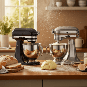 KitchenAid Artisan vs Cuisinart SM-50 stand mixers side by side on a modern countertop, surrounded by golden bread, silky dough, and whipped cream, with flour splashing and text overlay 'The Ultimate Mixer Showdown.