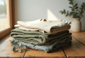 Folded stack of ethical clothing—cotton t-shirt, hemp scarf, polyester jacket—on wood with eucalyptus.