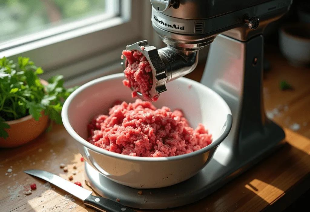 Best Stand Mixer Add-Ons 2025: Kitchen Hero What is a stand mixer scene with a meat grinder attachment grinding juicy beef on a worn wooden countertop