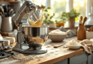 What is a stand mixer scene with golden dough, whisk, and whipped cream on a flour-dusted countertop