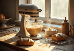 Top stand mixers scene with KitchenAid Classic kneading golden dough on a rustic countertop"