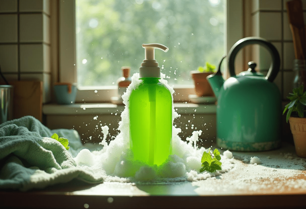 Non-toxic hand soaps scene with wild suds spilling from a vibrant bottle over a messy countertop