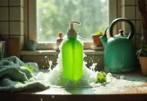 Non-toxic hand soaps scene with wild suds spilling from a vibrant bottle over a messy countertop