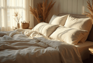 "A neatly made bed with soft, organic cotton sheets in a sunlit, minimalist bedroom, featuring a potted plant and woven basket for a sustainable touch."