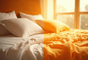 "A side-by-side comparison of organic and conventional bed sheets, highlighting the potential toxins in traditional bedding versus the clean, natural alternative."