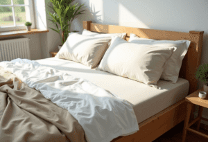"Rustic wooden bed with organic cotton and bamboo sheets in white and beige, lit by natural sunlight with a green plant on the side."