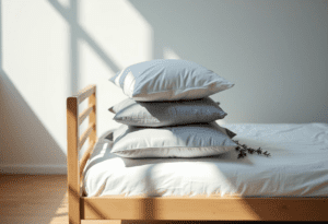 "Close-up of a minimalist wooden bed with a stack of silver organic pillowcases—silk and cotton—under sunlight with lavender sprig."