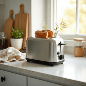 The toaster has a sleek stainless steel or matte finish, with two slices of golden brown toast popping up