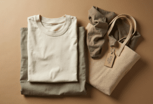 Ethical clothing flat lay—cotton t-shirt, hemp tote, polyester scarf—on recycled paper with GOTS tag.