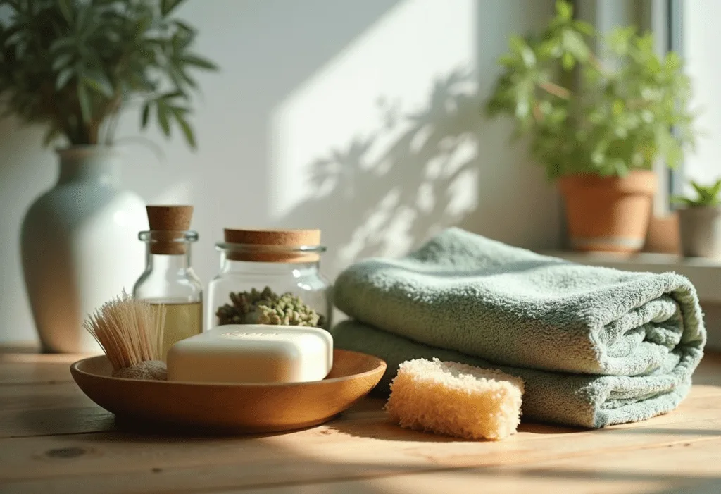 Top Eco-Friendly Kitchen Swaps for 2025 "Eco-friendly kitchen swaps—soap, brush, towel, jar, sponge—on rustic table."