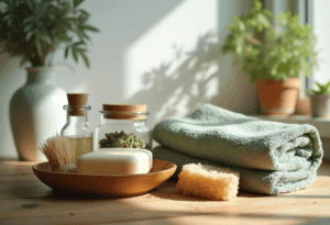 "Eco-friendly kitchen swaps—soap, brush, towel, jar, sponge—on rustic table."