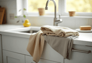 "Sustainable kitchen towels—cotton, bamboo, linen—on sink with soap bar."