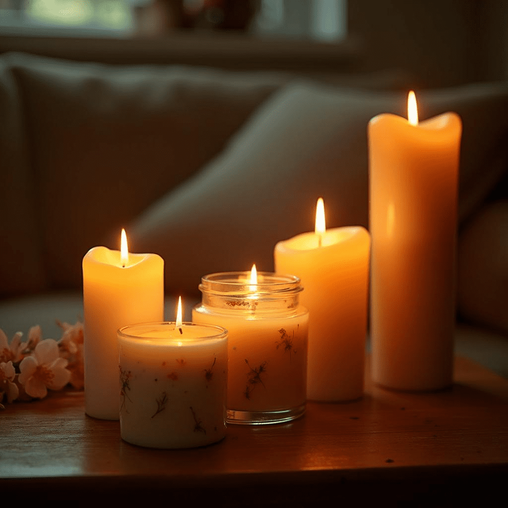 A variety of candles—including a beeswax pillar candle, a soy wax jar candle, a gel candle with embedded decorations, and a tall taper candle