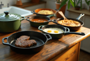 “Best cast iron skillets—Lodge, Le Creuset, Field, Smithey, Victoria—on counter with spatula.”