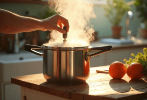 Top green pressure cookers—Our Place, All American, COSORI, Presto, T-fal, Hawkins—on counter with spoon.